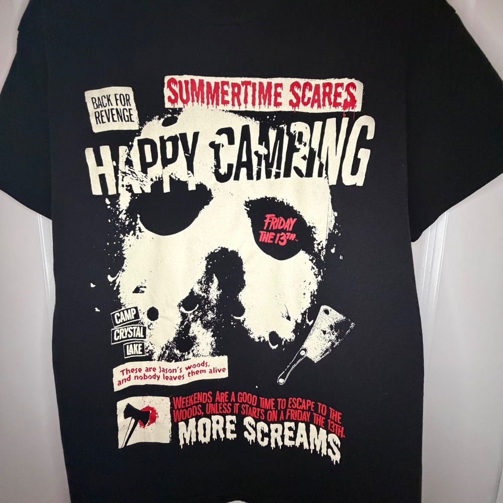 Friday the 13th Jason Voorhees Happy‎ Camping Black Graphic T-Shirt Mens Medium